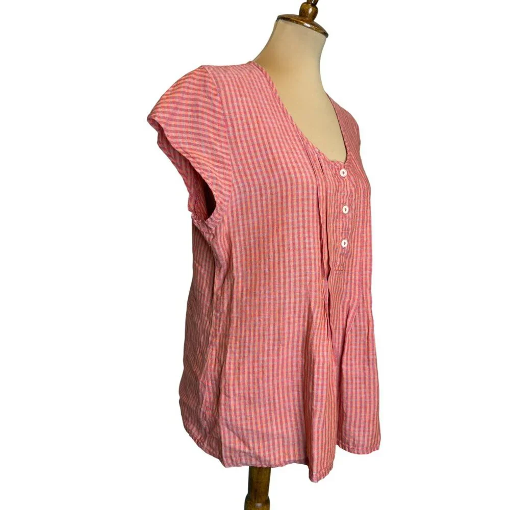 Flax Medium Pink & Orange Gingham Short Sleeve Pintuck Linen Blouse - Picture 2 of 6